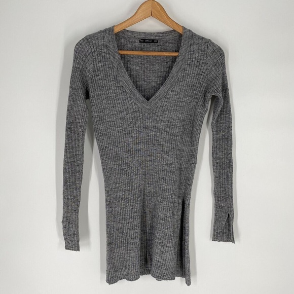 Zara Knit Grey V-Neck Dress - Picture 1 of 7